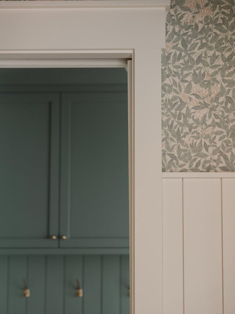 mudroom cabinets and wallpaper